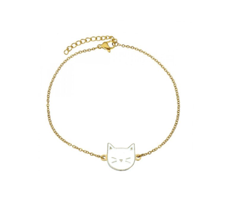 White Enamel Cat face Chain Bracelet