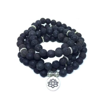 Natural 108 Lava Beads Lotus Charm Stretch Wrap Bracelet