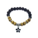 Black Enamel Flower Charm Lava & Wooden Bracelet