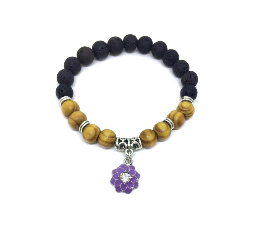 Enamel Flower Charm Lava & Wooden Bracelet for Women