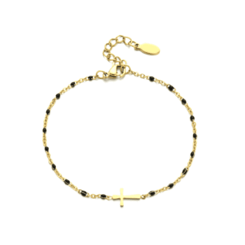 Boho Gold Filled Cross Charm Chain Bracelet - Black