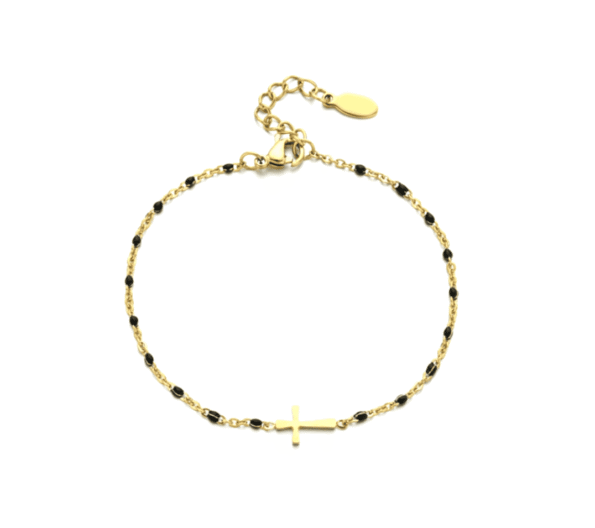 Boho Gold Filled Cross Charm Chain Bracelet - Black