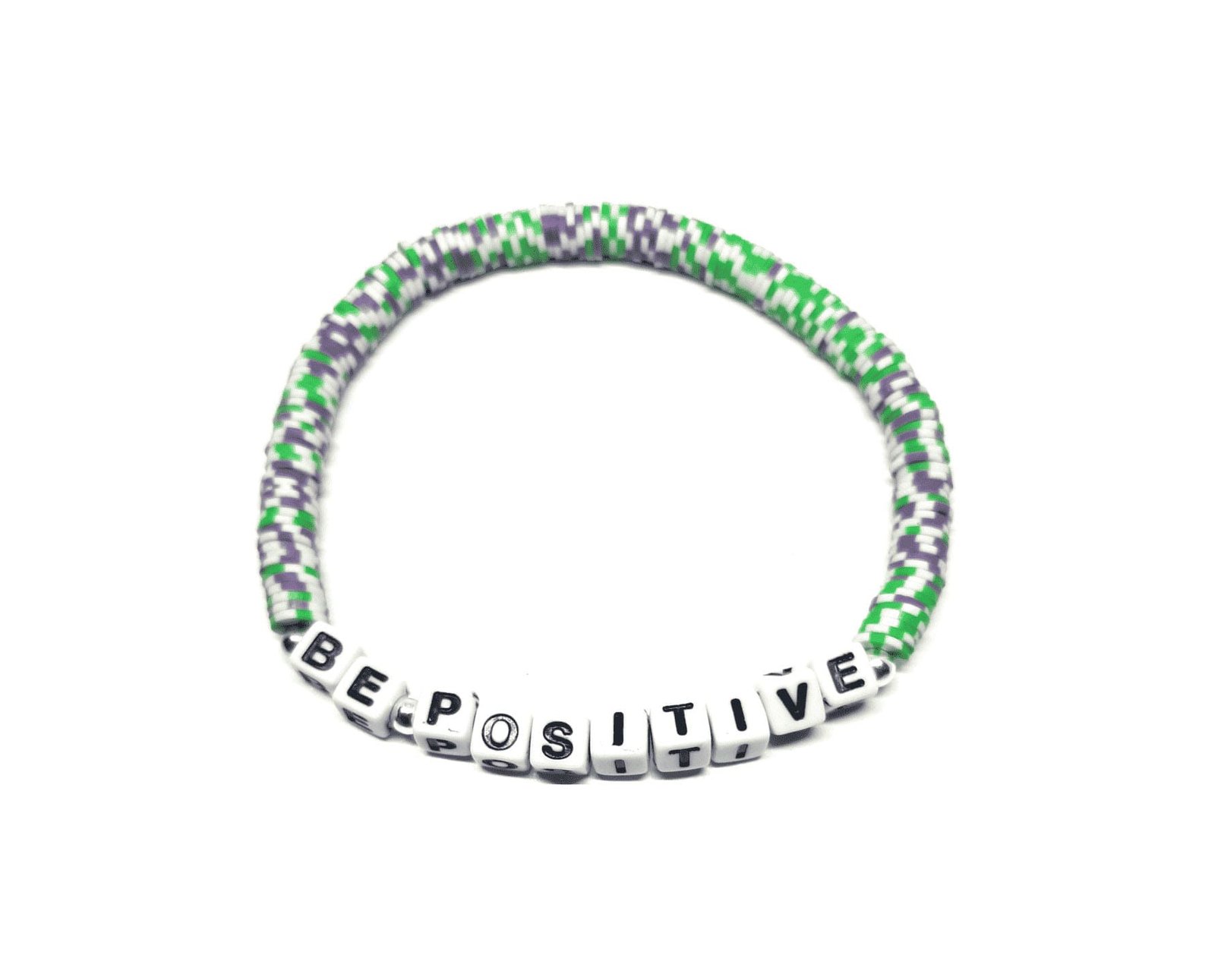ZAFI-14 13-Green & Purple Camo Clay Bead BE POSITIVE Word Bracelet Green & Purple Camo Clay Bead BE POSITIVE Word Bracelet