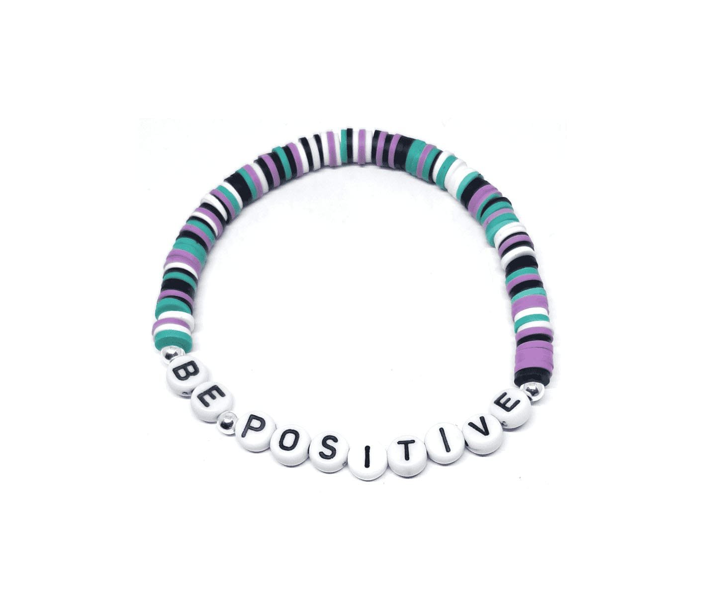 ZAFI-14 18-Teal, Purple & Black Mix Clay Bead BE POSITIVE Word Bracelet Teal, Purple & Black Mix Clay Bead BE POSITIVE Word Bracelet