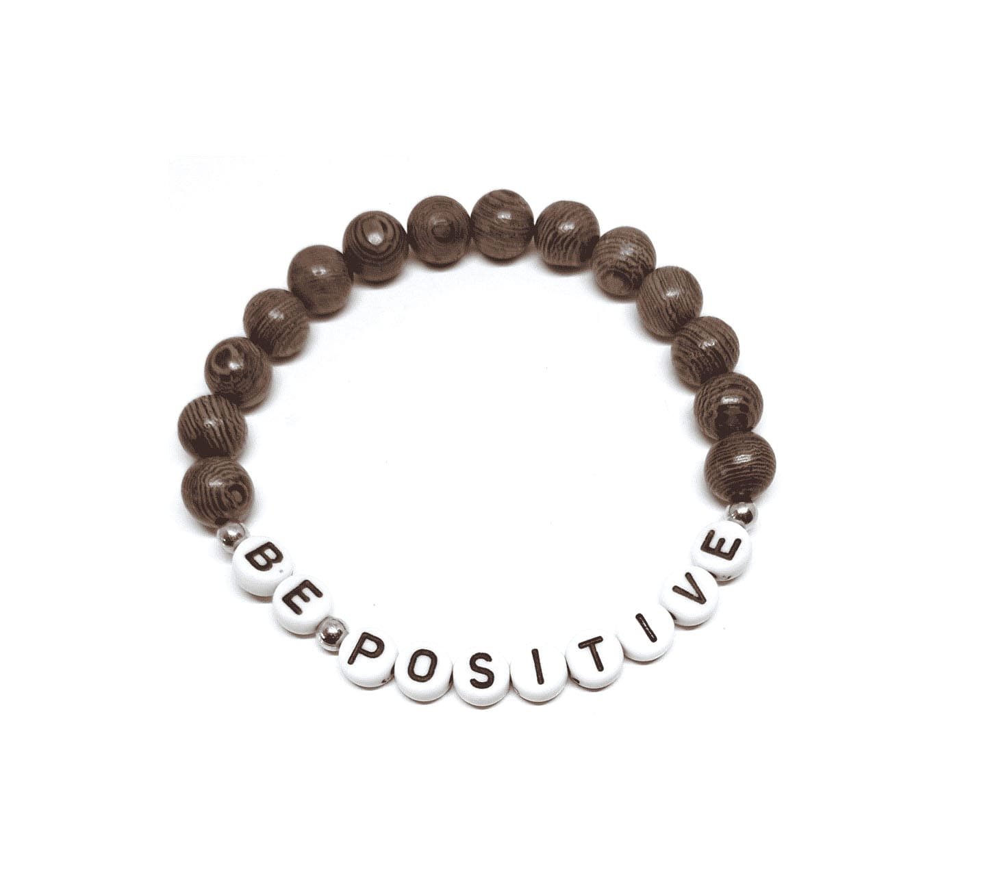 ZAFI-14 3-8mm Brown Wood BE POSITIVE Word Bead Bracelet 8mm Brown Wood BE POSITIVE Word Bead Bracelet