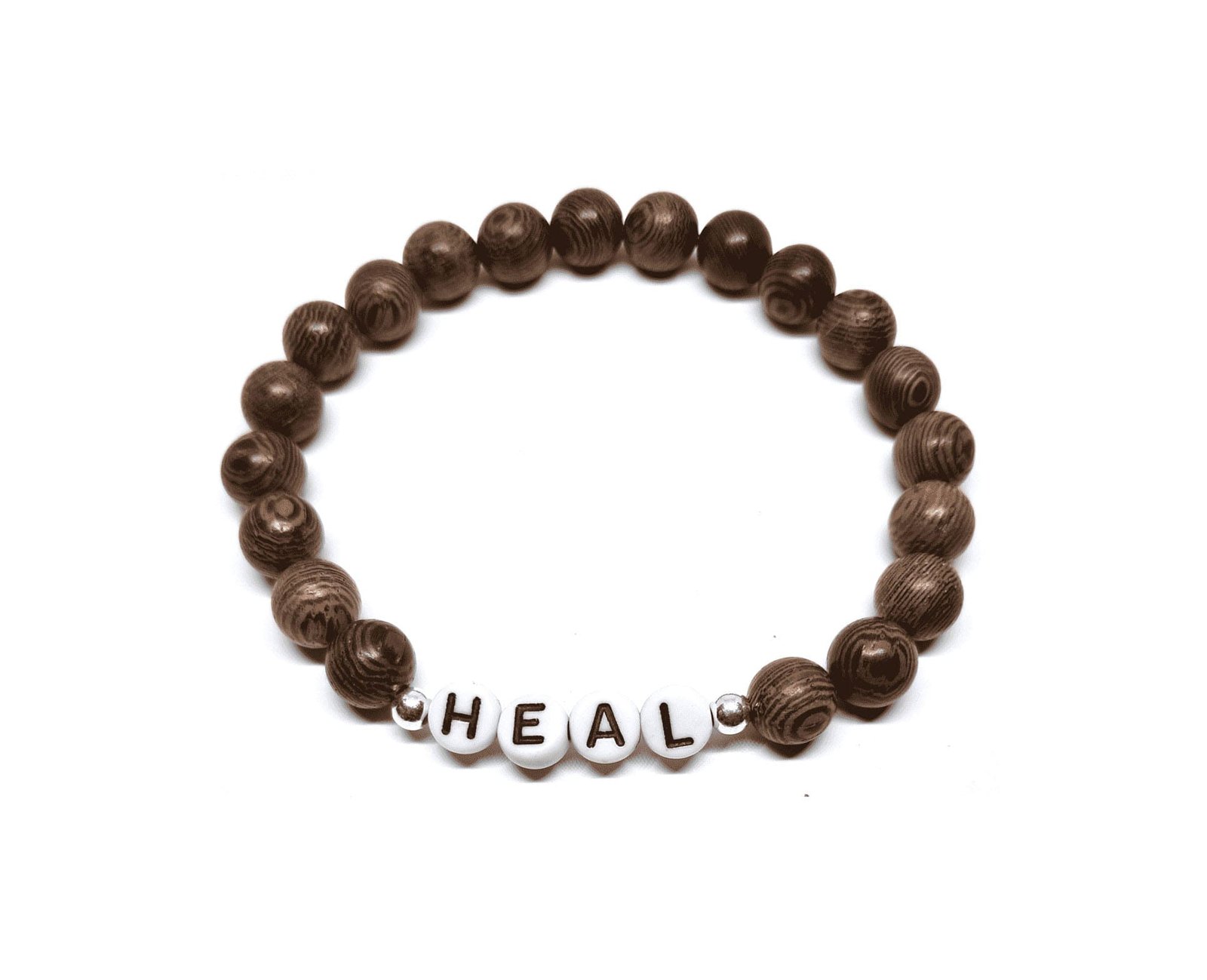 ZAFI-20 1-Brown Wood Round 8mm HEAL Word Bead Bracelet Brown Wood Round 8mm HEAL Word Bead Bracelet