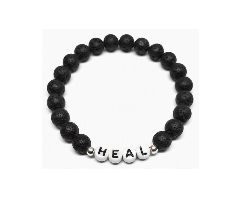 ZAFI-20 3-8mm Black Lava Stone HEAL Word Bracelet 8mm Orange Crystal Glass Bead HEAL Word Bracelet