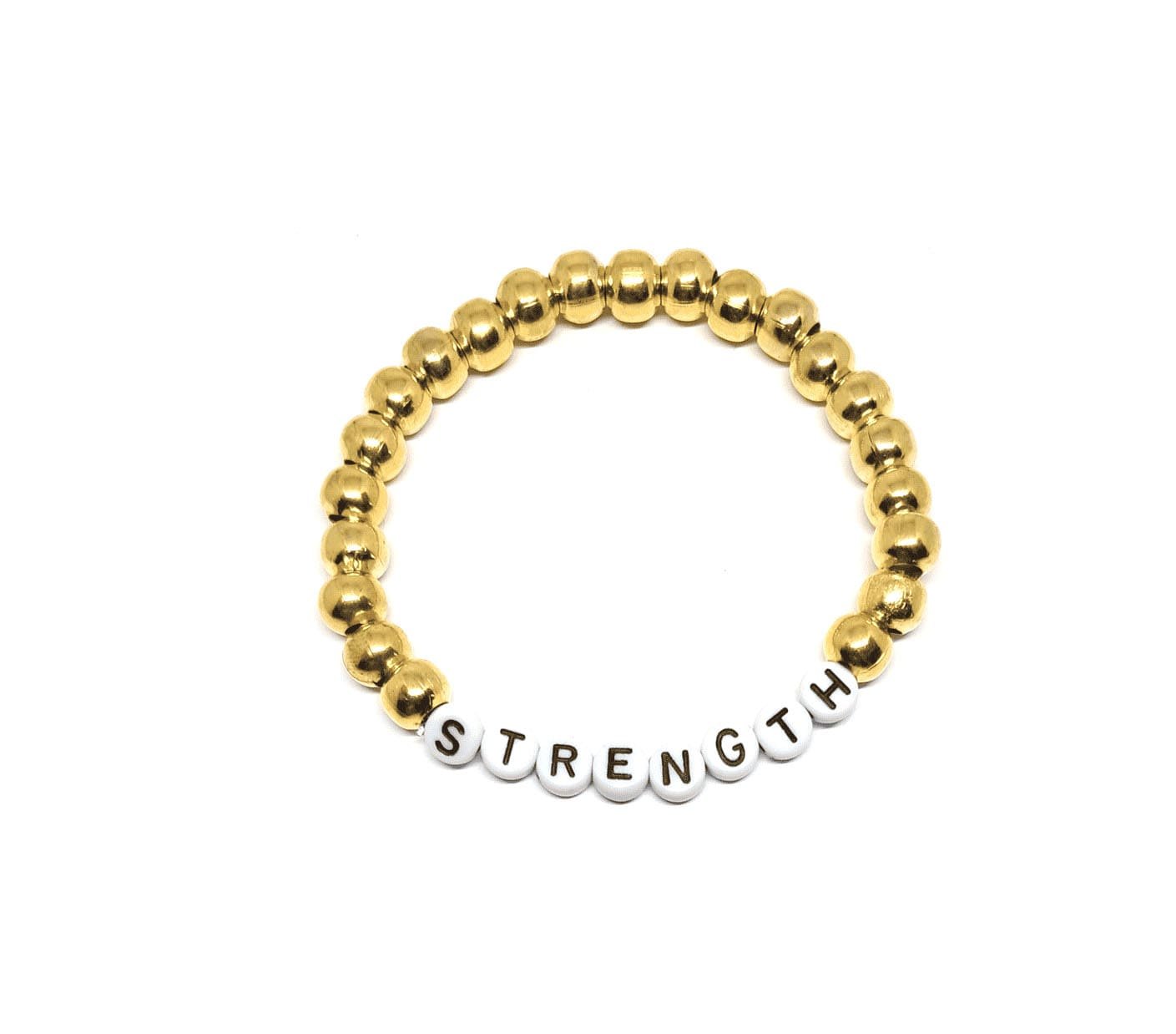ZAFI-21 4-8mm Gold Metal Bead STRENGTH Word Bracelet 8mm Gold Metal Bead STRENGTH Word Bracelet