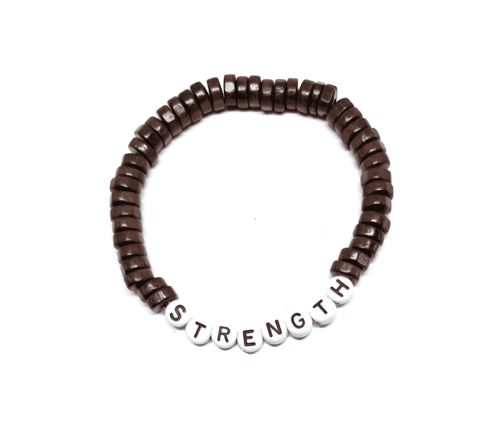 ZAFI-21 6-Brown Wood Heishi Bead STRENGTH Word Bracelet Brown Wood Heishi Bead STRENGTH Word Bracelet