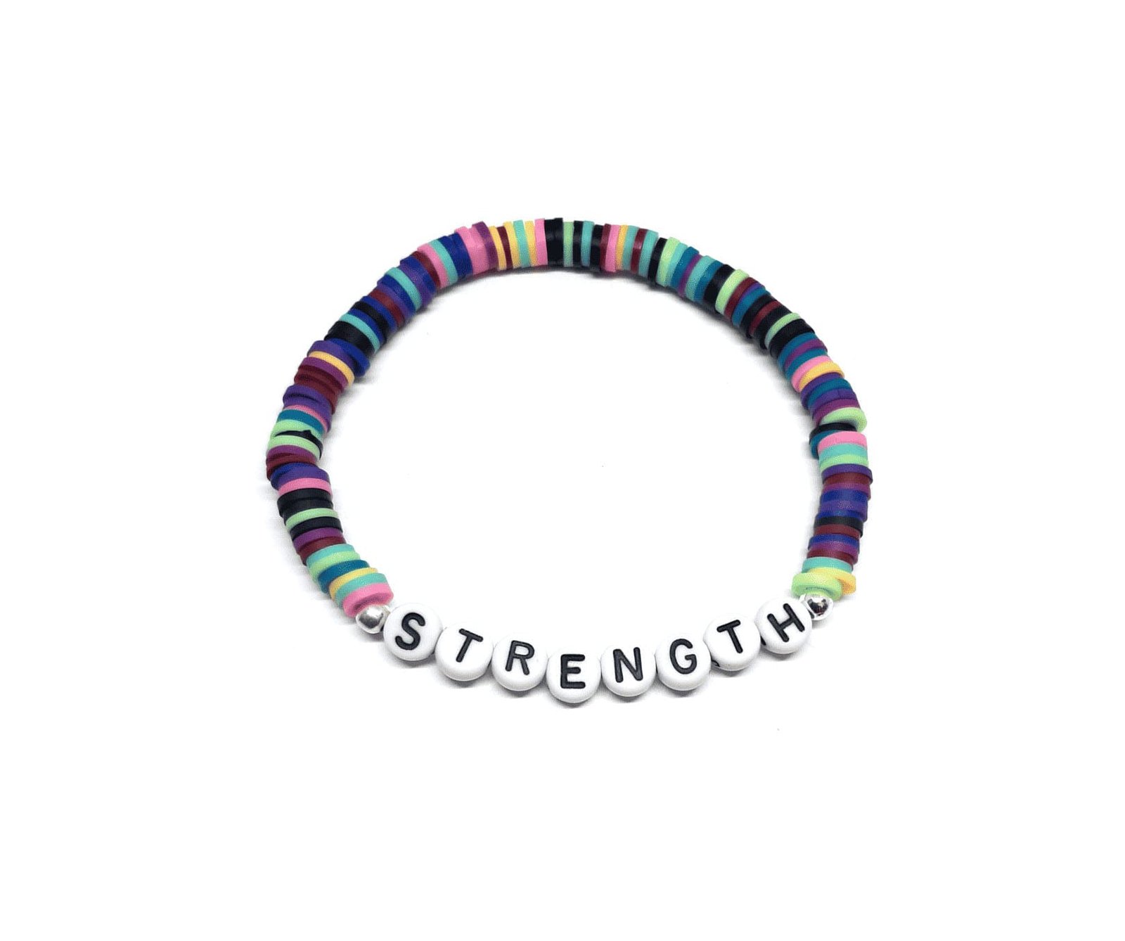 ZAFI-21 8-Multicolor Rainbow Heishi Bead STRENGTH Word Bracelet Multicolor Rainbow Heishi Bead STRENGTH Word Bracelet