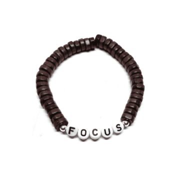 Brown 6mm wood heishi Focus bracelet with FOCUS letter beads