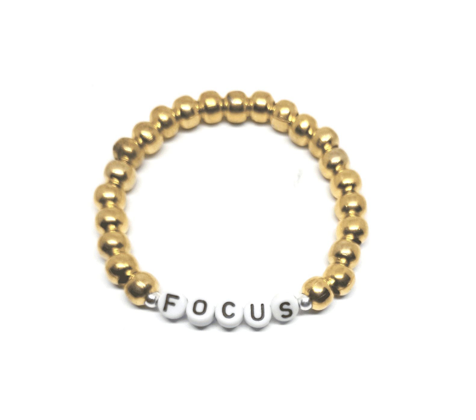 ZBEAD-001 4-8mm Gold FOCUS Beaded Bracelet 8mm Gold beaded Focus bracelet with FOCUS letter beads