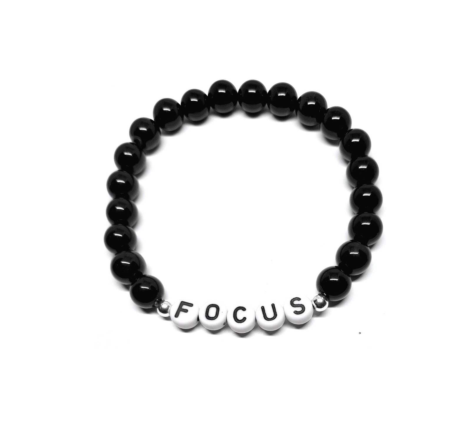 ZBEAD-001 5-Black Onyx FOCUS Beaded Bracelet Black 8mm beaded Focus bracelet with white FOCUS letter beads