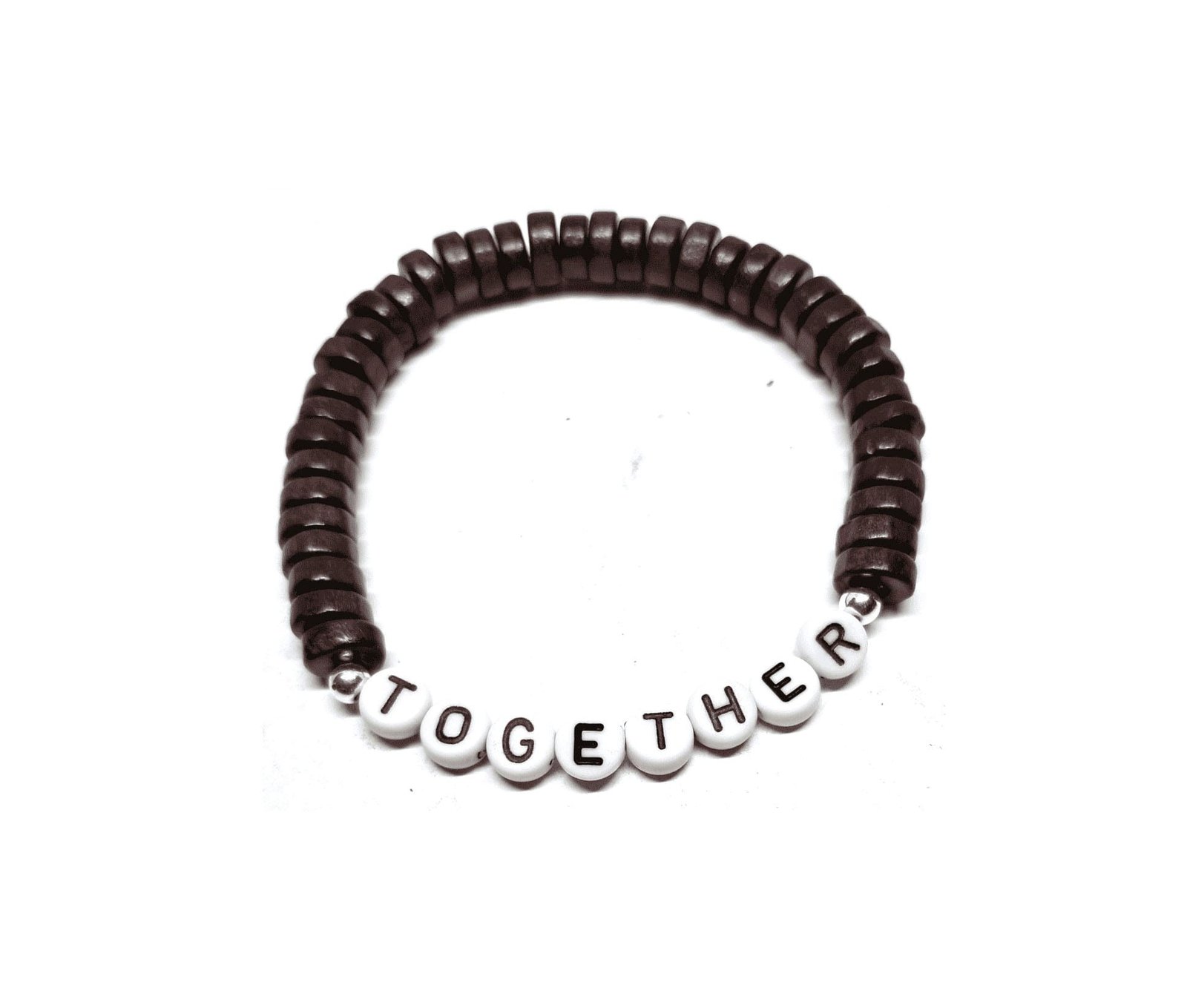 ZCOP-061 8-Dark Brown Wood Heishi Bead TOGETHER Word Bracelet Dark Brown Wood Heishi Bead TOGETHER Word Bracelet