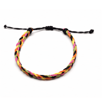 Vibrant pink, orange, yellow, green and black braided friendship bracelet, adjustable