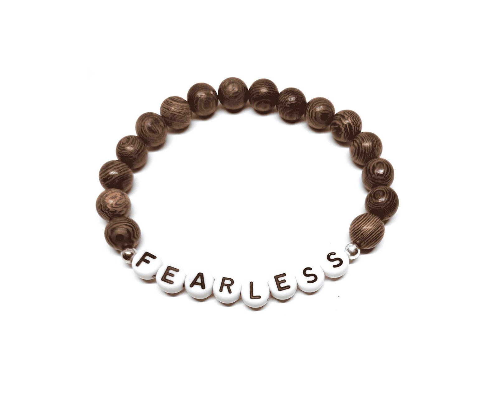 ZINS-013 1-Natural Wood FEARLESS Inspirational Beaded Bracelet Fearless bracelet with natural wood 8mm round beads and FEARLESS letter beads