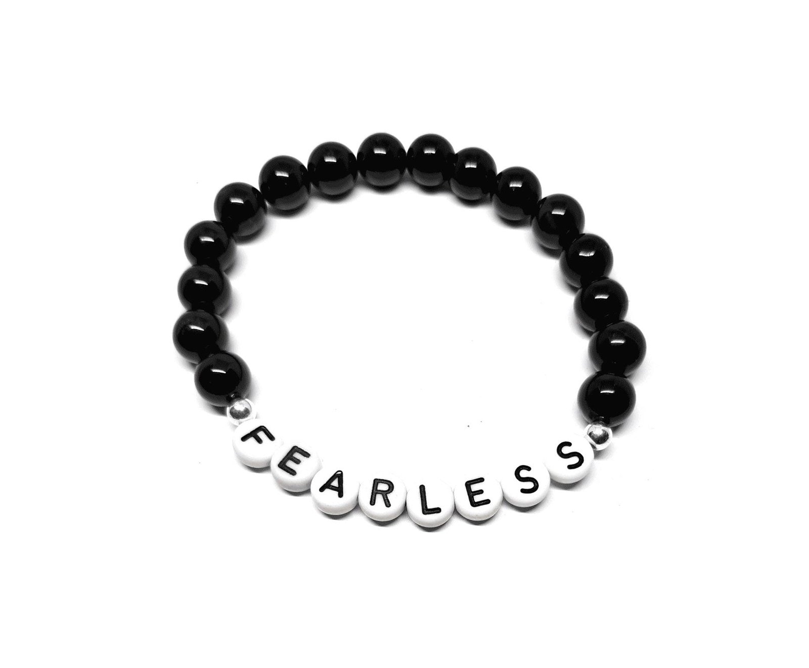 ZINS-013 7-Black Onyx FEARLESS Inspirational Beaded Bracelet Black 8mm onyx Fearless bracelet with white FEARLESS letter beads