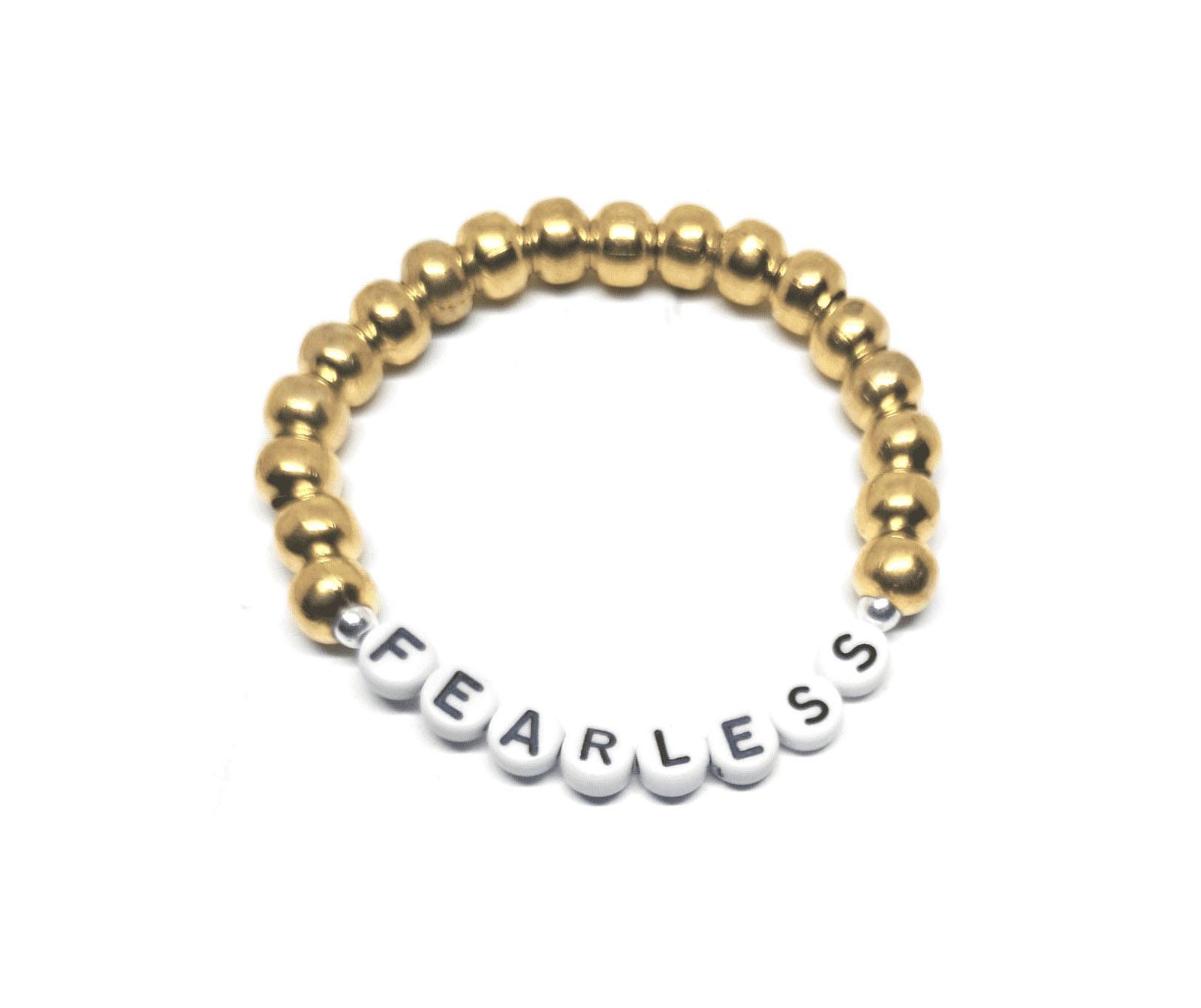 ZINS-013 8-8mm Gold FEARLESS Inspirational Beaded Bracelet Gold beaded Fearless bracelet with white FEARLESS letter beads
