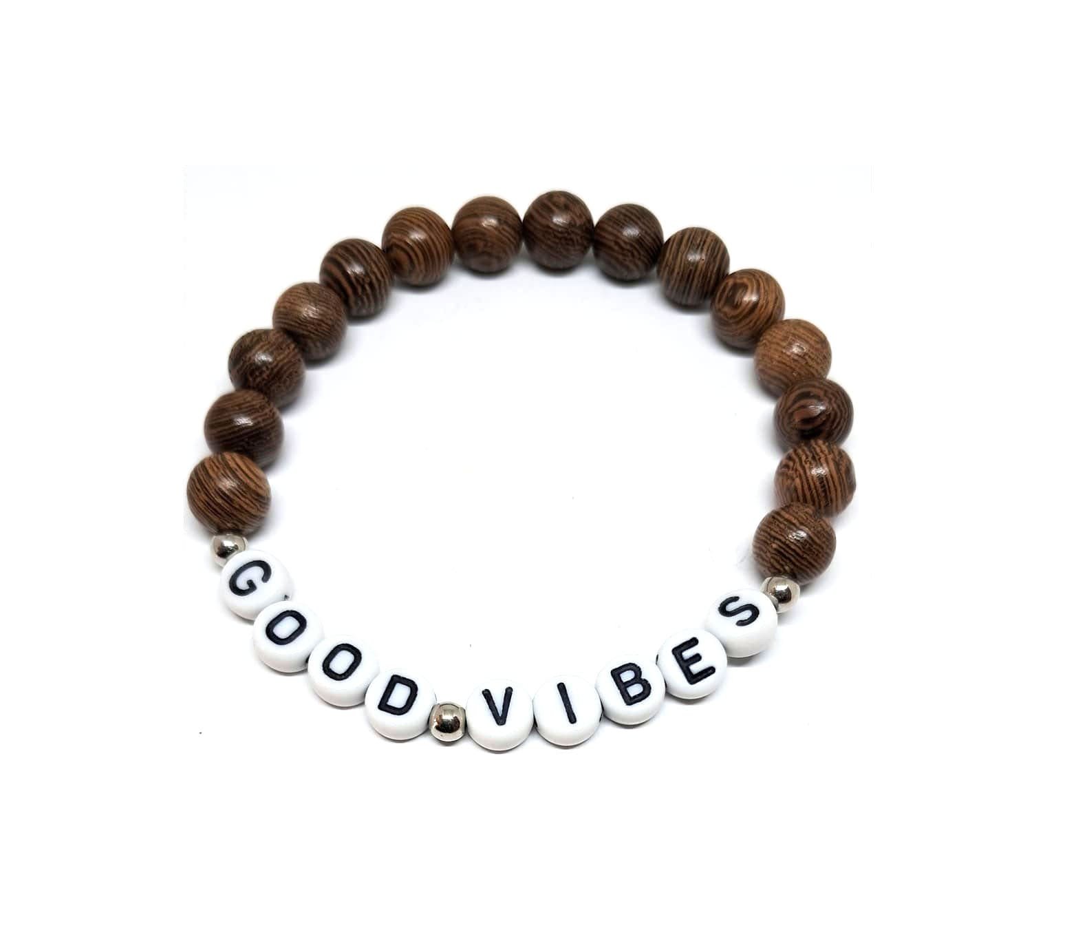ZW-FR-002 Brown Wood Good Vibes Word Bracelet Brown Wood Good Vibes Word Bracelet