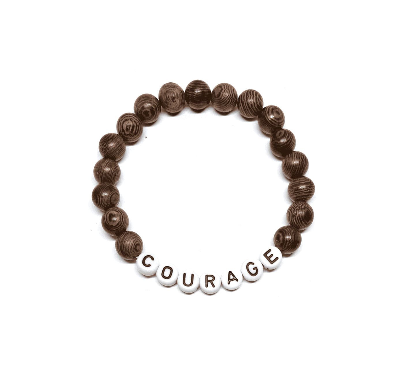 ZW-IN-002 ZORA COURAGE word bead bracelet with brown wood round beads ZORA COURAGE word bead bracelet with brown wood round beads