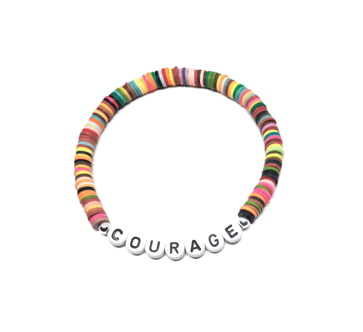 ZW-IN-002 ZORA COURAGE word bead bracelet with rainbow clay heishi beads ZORA COURAGE word bead bracelet with rainbow clay heishi beads
