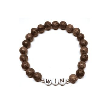 ZORA WIN word bead bracelet with brown wood round beads