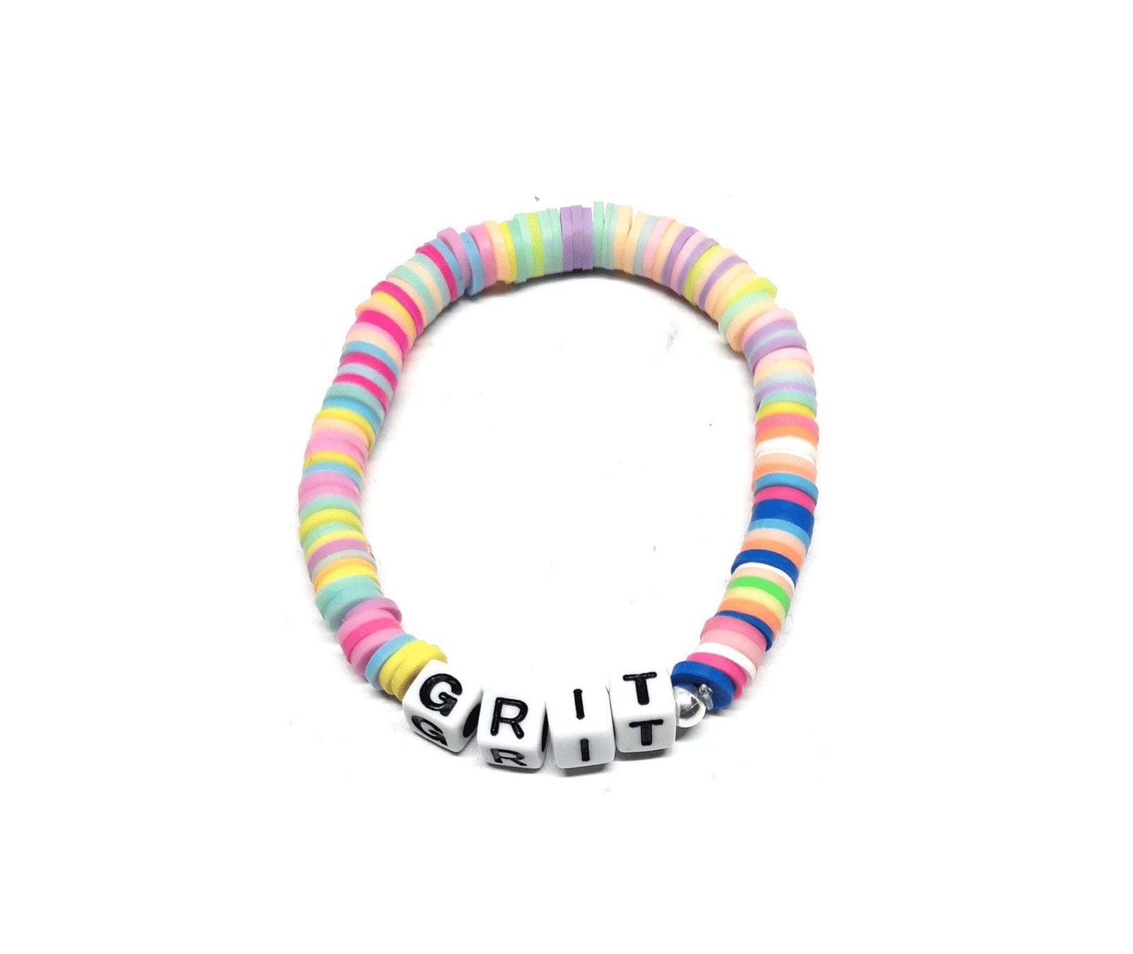 ZW-IN-004 ZORA GRIT word bead bracelet with pastel multicolor clay heishi beads ZORA GRIT word bead bracelet with pastel multicolor clay heishi beads