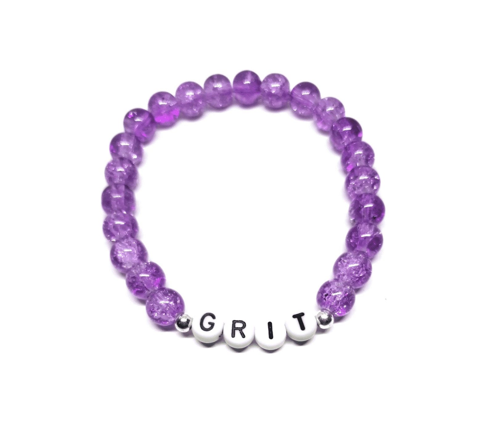 ZW-IN-004 ZORA GRIT word bead bracelet with purple crackle glass beads ZORA GRIT word bead bracelet with purple crackle glass beads