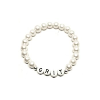 ZORA GRIT word bead bracelet with white glass pearl beads