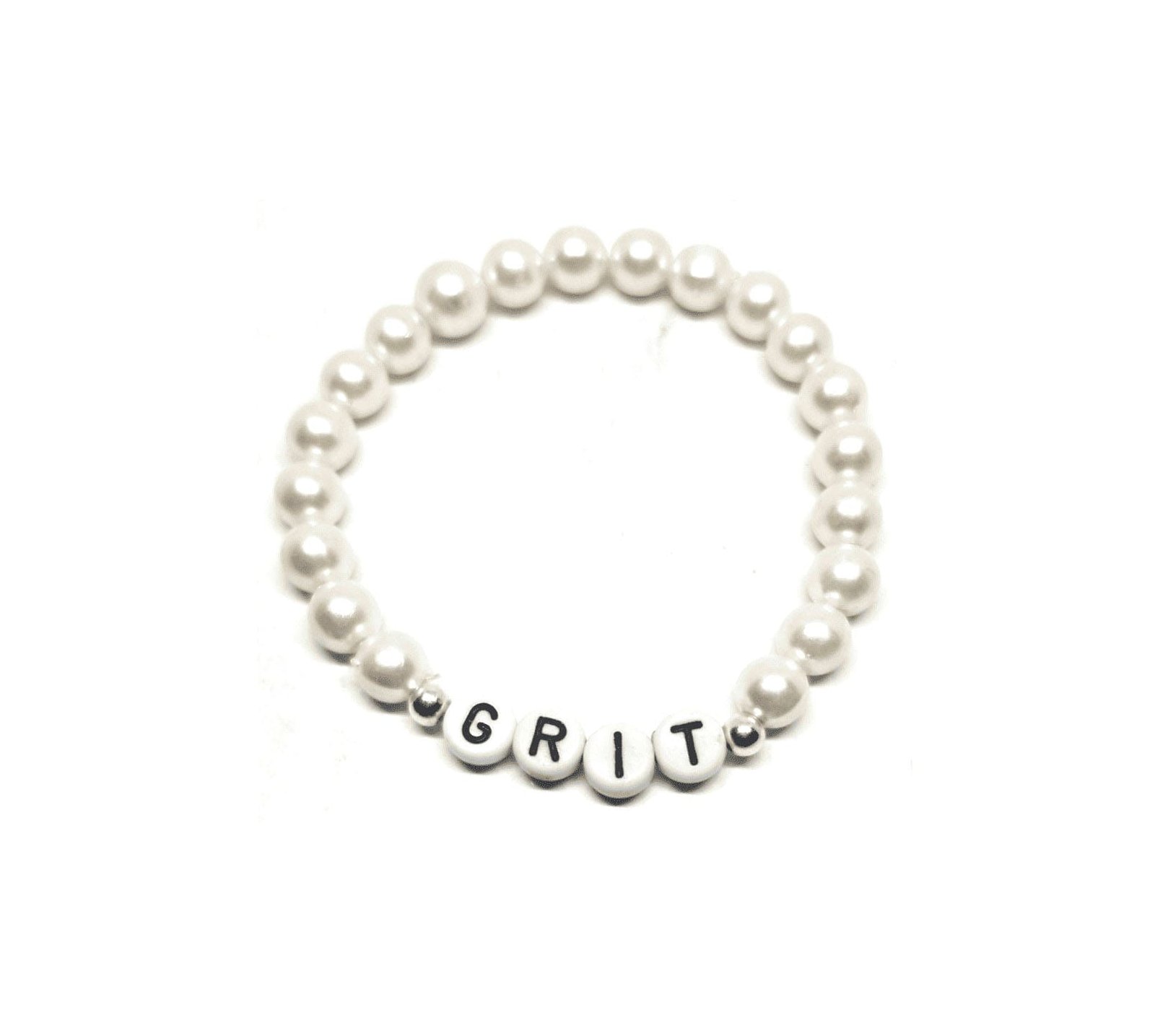 ZW-IN-004 ZORA GRIT word bead bracelet with white glass pearl beads ZORA GRIT word bead bracelet with white glass pearl beads