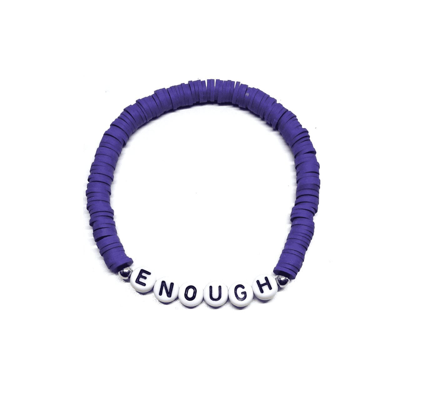 ZW-IN-005 ZORA ENOUGH word bead bracelet with purple clay heishi beads ZORA ENOUGH word bead bracelet with purple clay heishi beads