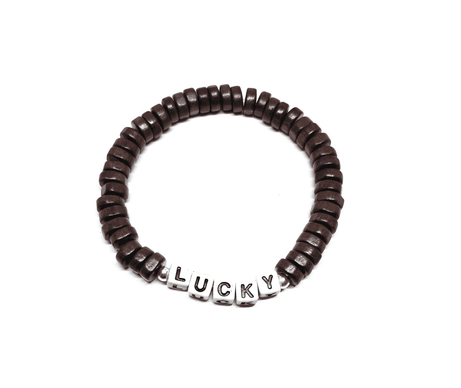 ZW-IN-006 ZORA LUCKY word bead bracelet with brown wood heishi beads ZORA LUCKY word bead bracelet with brown wood heishi beads