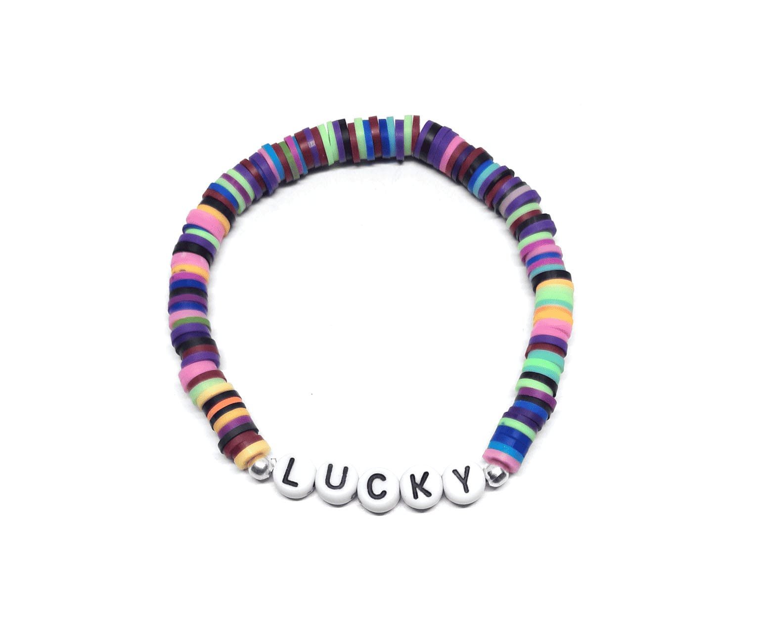 ZW-IN-006 ZORA LUCKY word bead bracelet with multicolor clay heishi beads ZORA LUCKY word bead bracelet with multicolor clay heishi beads