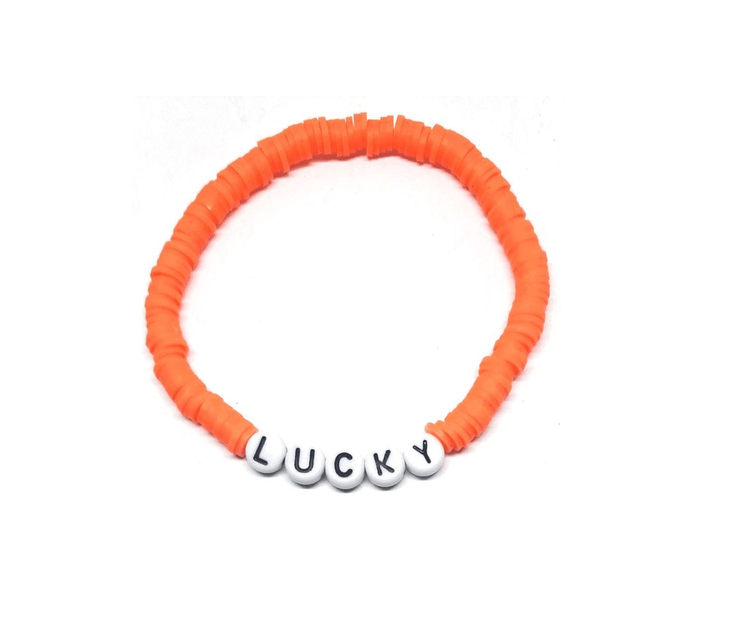 ZW-IN-006 ZORA LUCKY word bead bracelet with orange clay heishi beads ZORA LUCKY word bead bracelet with orange clay heishi beads