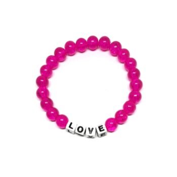 ZORA LOVE word bead bracelet with hot pink crackle glass beads