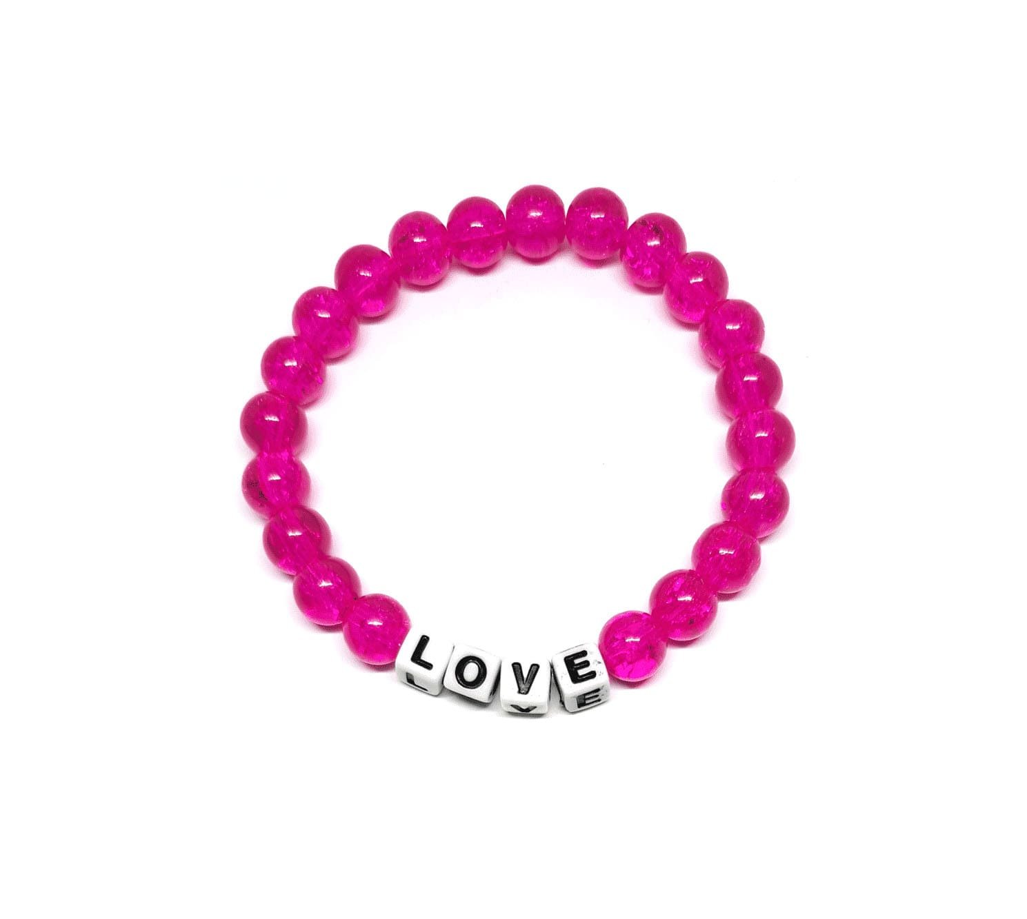 ZW-LV-001 ZORA LOVE word bead bracelet with hot pink crackle glass beads ZORA LOVE word bead bracelet with hot pink crackle glass beads