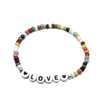 ZORA LOVE word bead bracelet with multicolor seed beads and heart accent letter beads