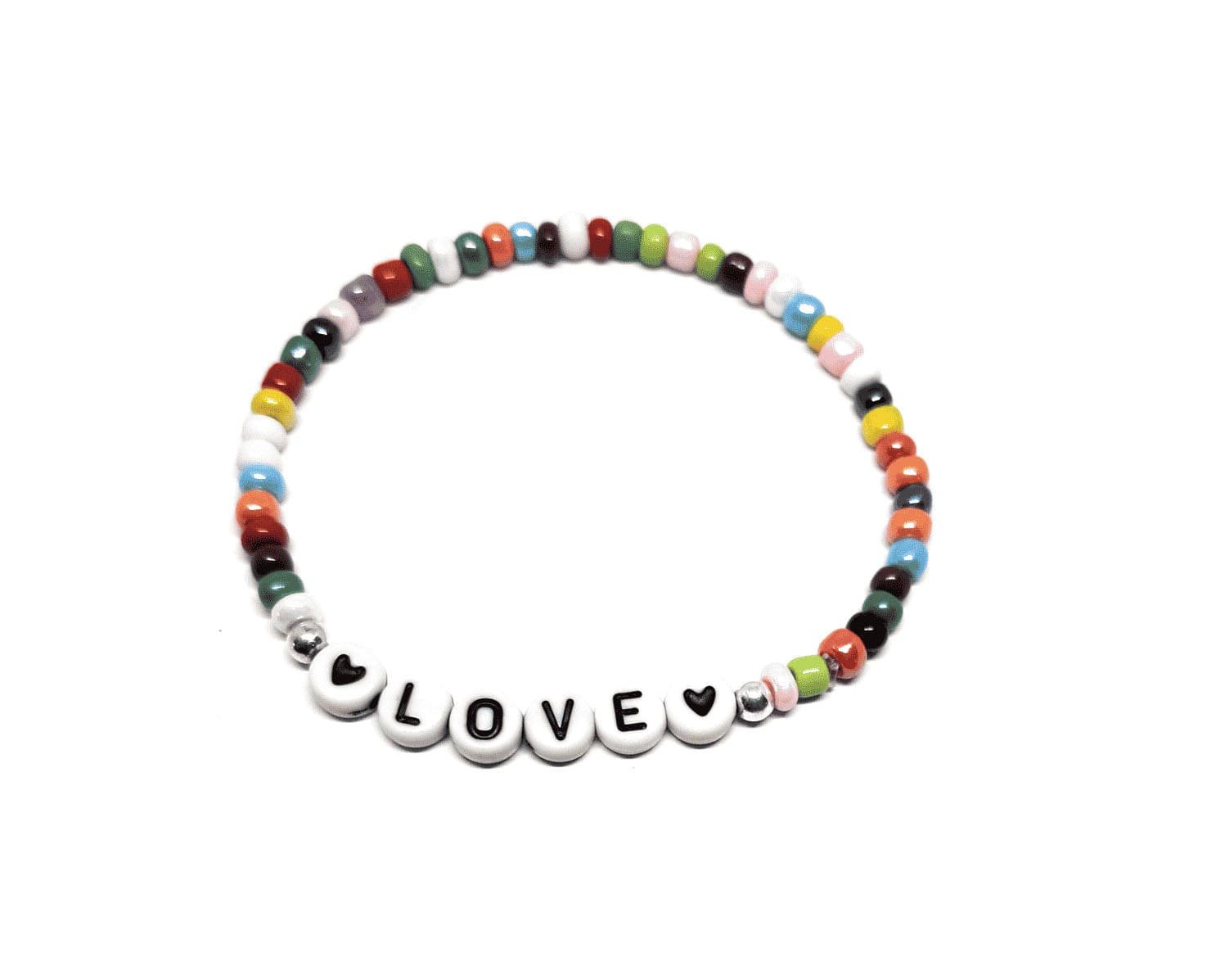 ZW-LV-001 ZORA LOVE word bead bracelet with multicolor seed beads and heart accent letter beads ZORA LOVE word bead bracelet with multicolor seed beads and heart accent letter beads
