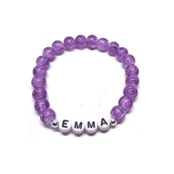 EMMA name bead bracelet with purple crackle glass beads, personalized stretch bracelet by Zora