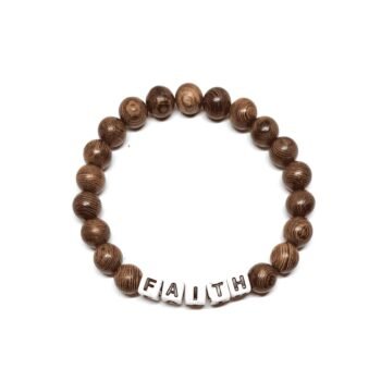 FAITH bracelet with brown wood beads and white cube letter beads – earthy faith word bead bracelet