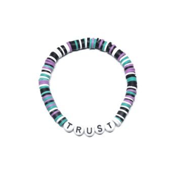 TRUST bracelet with black, white, teal and lilac clay heishi beads – graphic trust word bead bracelet