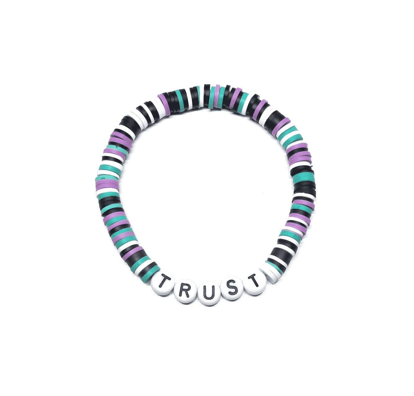 ZW-SP-002 TRUST bracelet with black, white, teal and lilac clay heishi beads – graphic trust word bead bracelet TRUST bracelet with black, white, teal and lilac clay heishi beads – graphic trust word bead bracelet