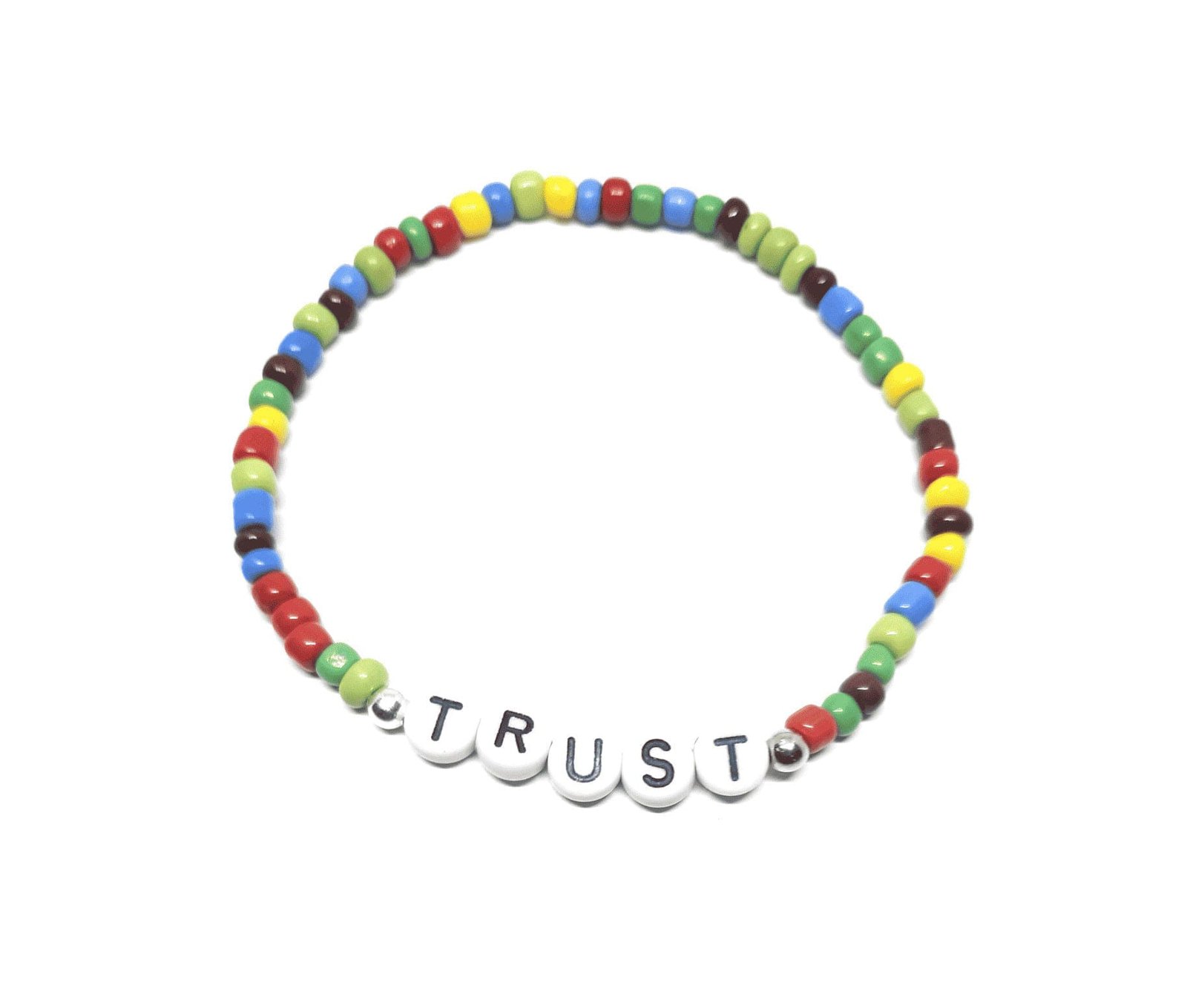 ZW-SP-002 TRUST bracelet with multicolor green, yellow, red and blue seed beads and silver accents – colourful trust word bracelet TRUST bracelet with multicolor green, yellow, red and blue seed beads and silver accents – colourful trust word bracelet