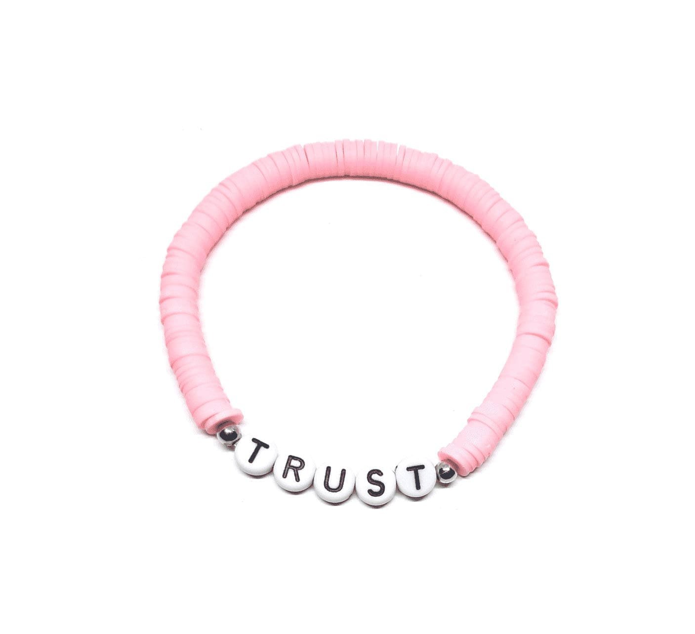 ZW-SP-002 TRUST bracelet with pastel pink clay heishi beads and silver accents – soft trust word bead bracelet TRUST bracelet with pastel pink clay heishi beads and silver accents – soft trust word bead bracelet