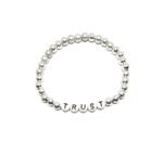 ZW-SP-002 TRUST bracelet with silver metal beads and black-on-white letter beads – minimalist trust word stretch bracelet