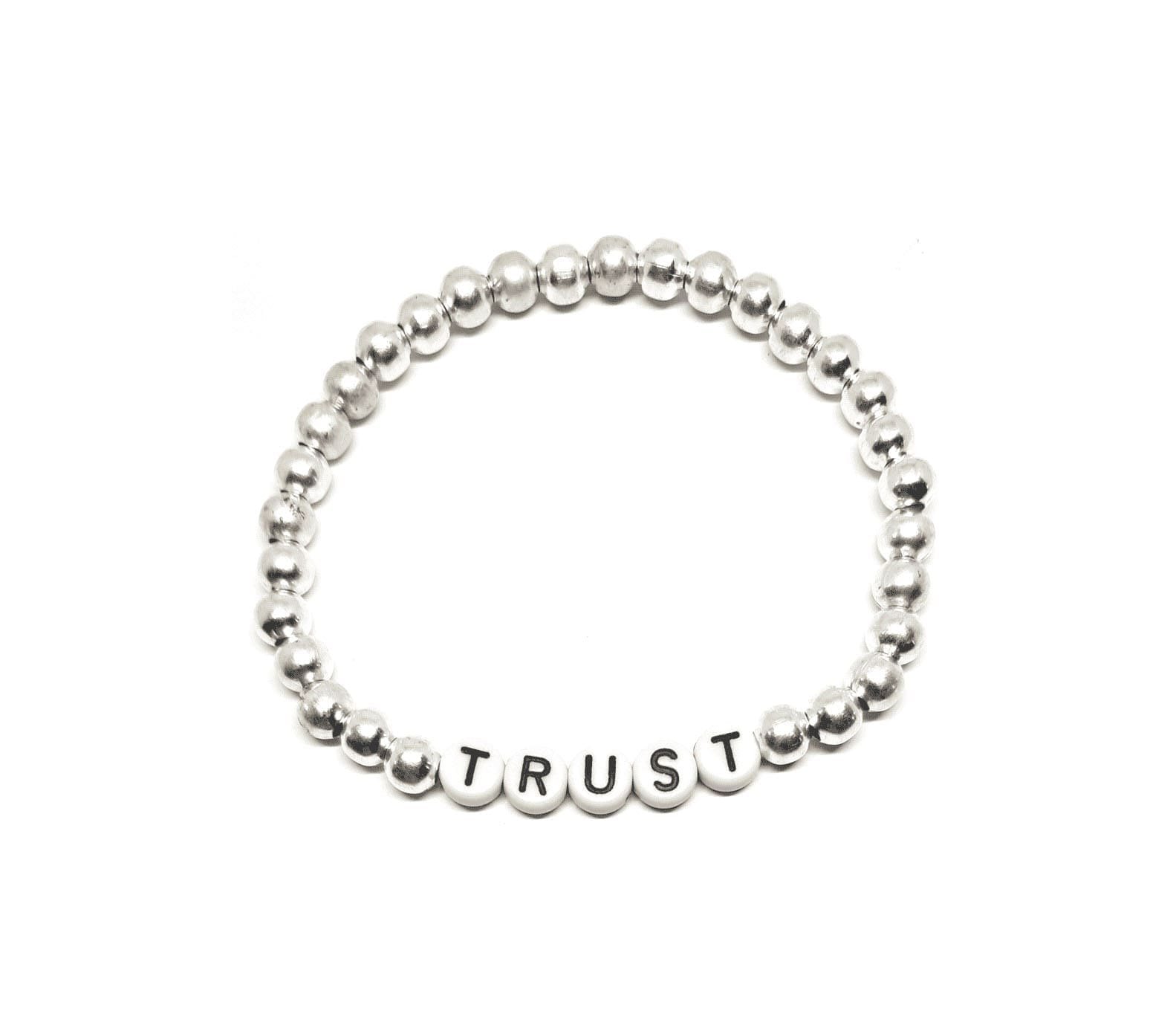 ZW-SP-002 TRUST bracelet with silver metal beads and black-on-white letter beads – minimalist trust word stretch bracelet TRUST bracelet with silver metal beads and black-on-white letter beads – minimalist trust word stretch bracelet