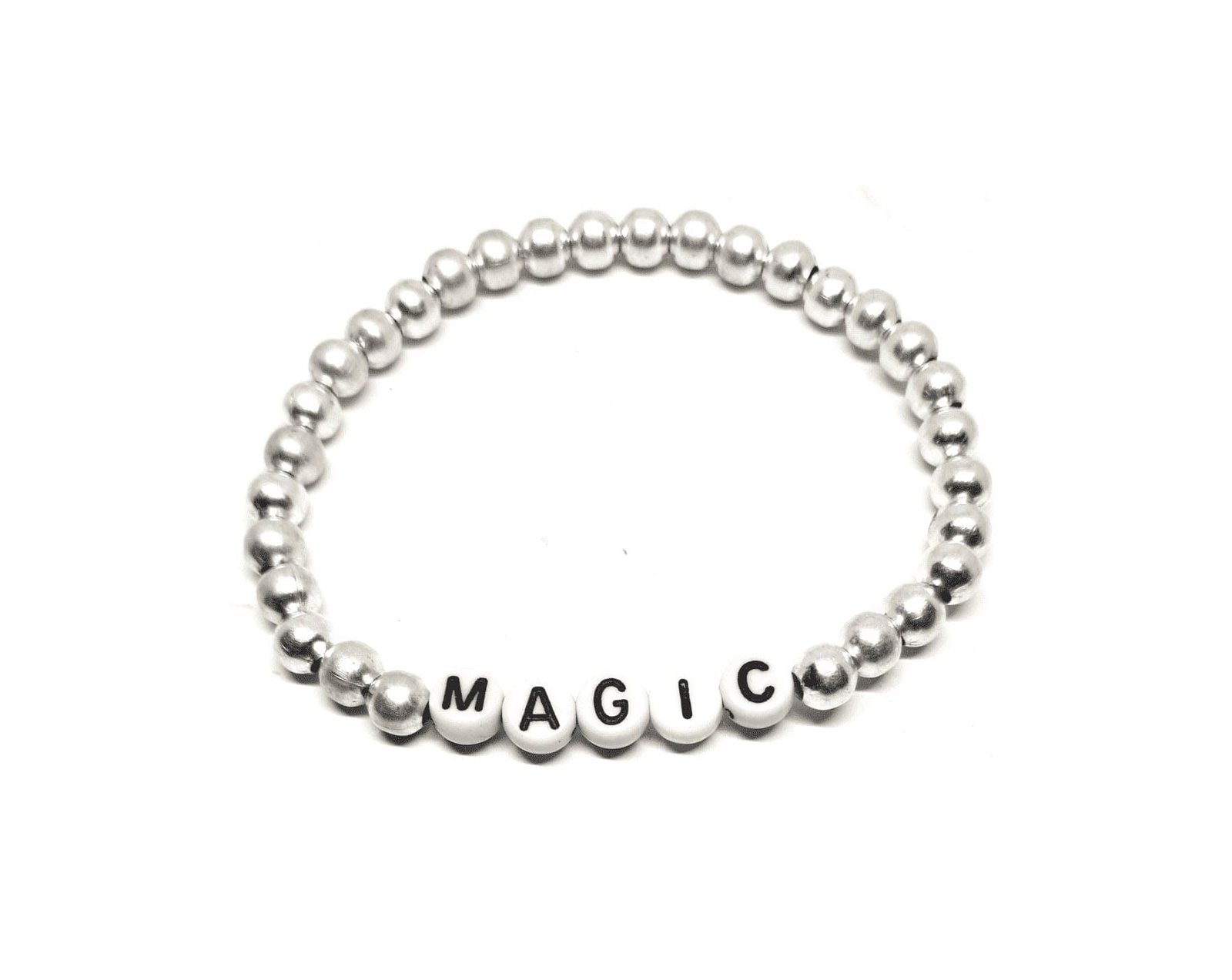 ZW-SP-003 MAGIC bracelet with silver metal beads and black-on-white letter beads – minimalist magic word stretch bracelet MAGIC bracelet with silver metal beads and black-on-white letter beads – minimalist magic word stretch bracelet