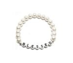 ZW-SP-004 BLESSED bracelet with white pearl beads, black-on-white letter beads and silver accents – elegant blessed word stretch bracelet