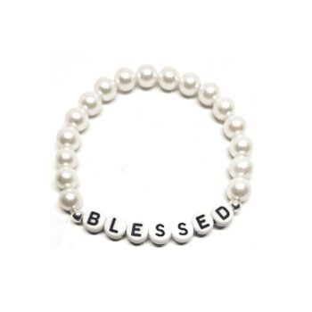 BLESSED bracelet with white pearl beads, black-on-white letter beads and silver accents – elegant blessed word stretch bracelet