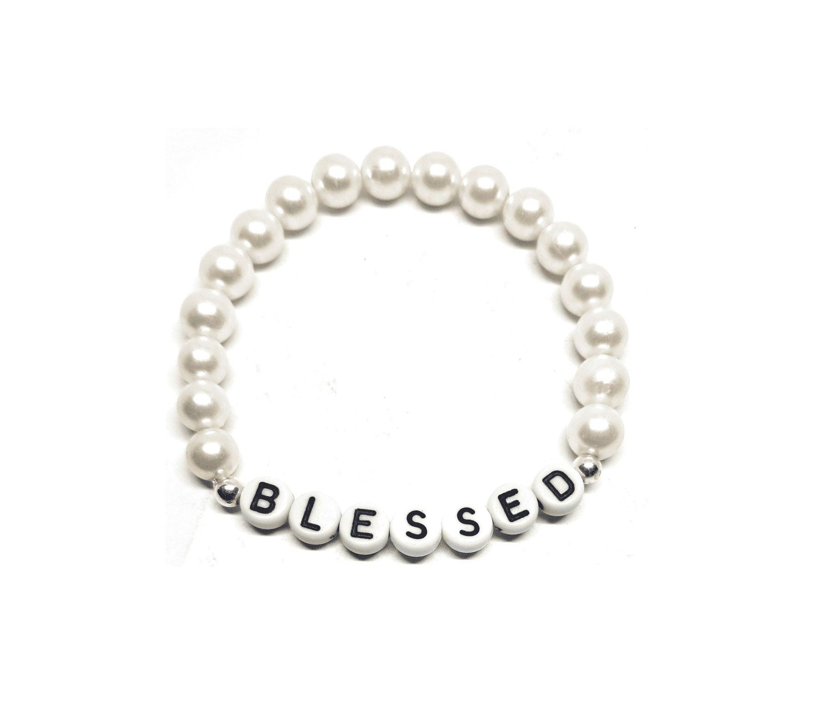 ZW-SP-004 BLESSED bracelet with white pearl beads, black-on-white letter beads and silver accents – elegant blessed word stretch bracelet BLESSED bracelet with white pearl beads, black-on-white letter beads and silver accents – elegant blessed word stretch bracelet